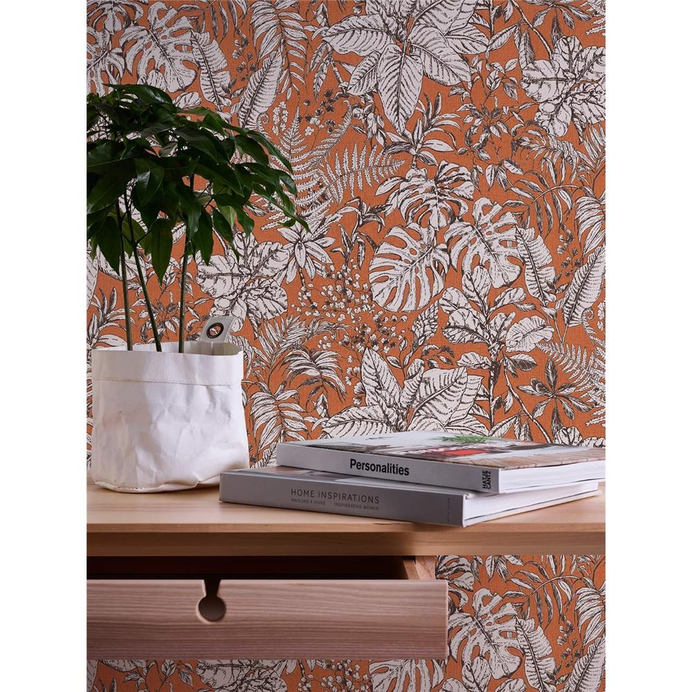 Livingwalls Vliestapete Mustertapete Dschungeltapete Farn Orange Weiß