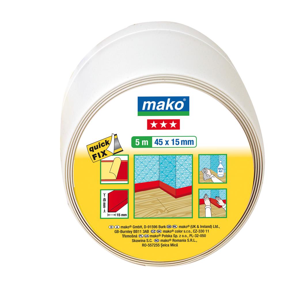mako Weich-Sockelleiste, selbstklebend, 5m x 45 x 15 mm, weiß