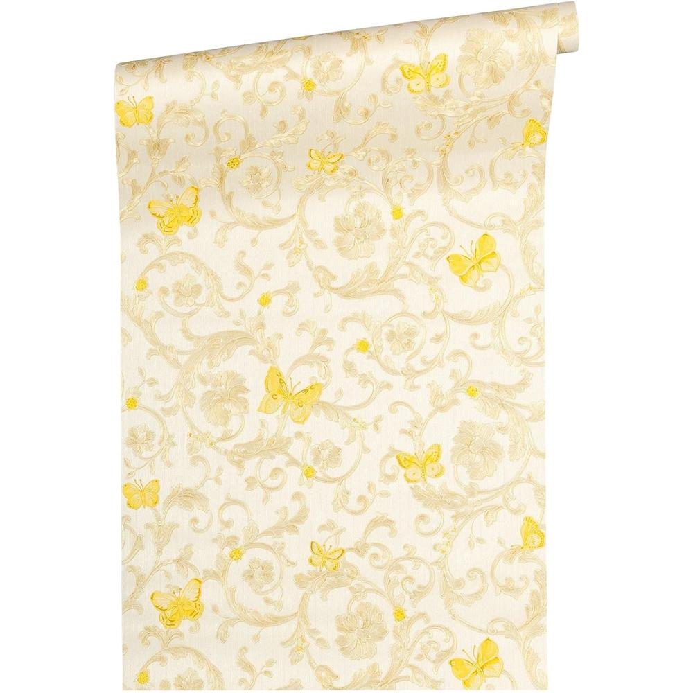 Architects Paper Vliestapete Mustertapete Versace 3 Butterfly Barocco Creme Gelb Metallic