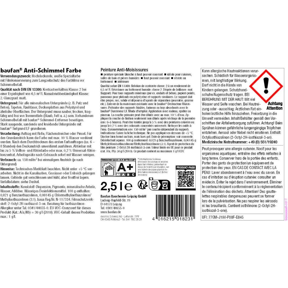 baufan Anti-Schimmel-Farbe 2,5 L Schutzfarbe Innenfarbe BAuA-Nr. 117334