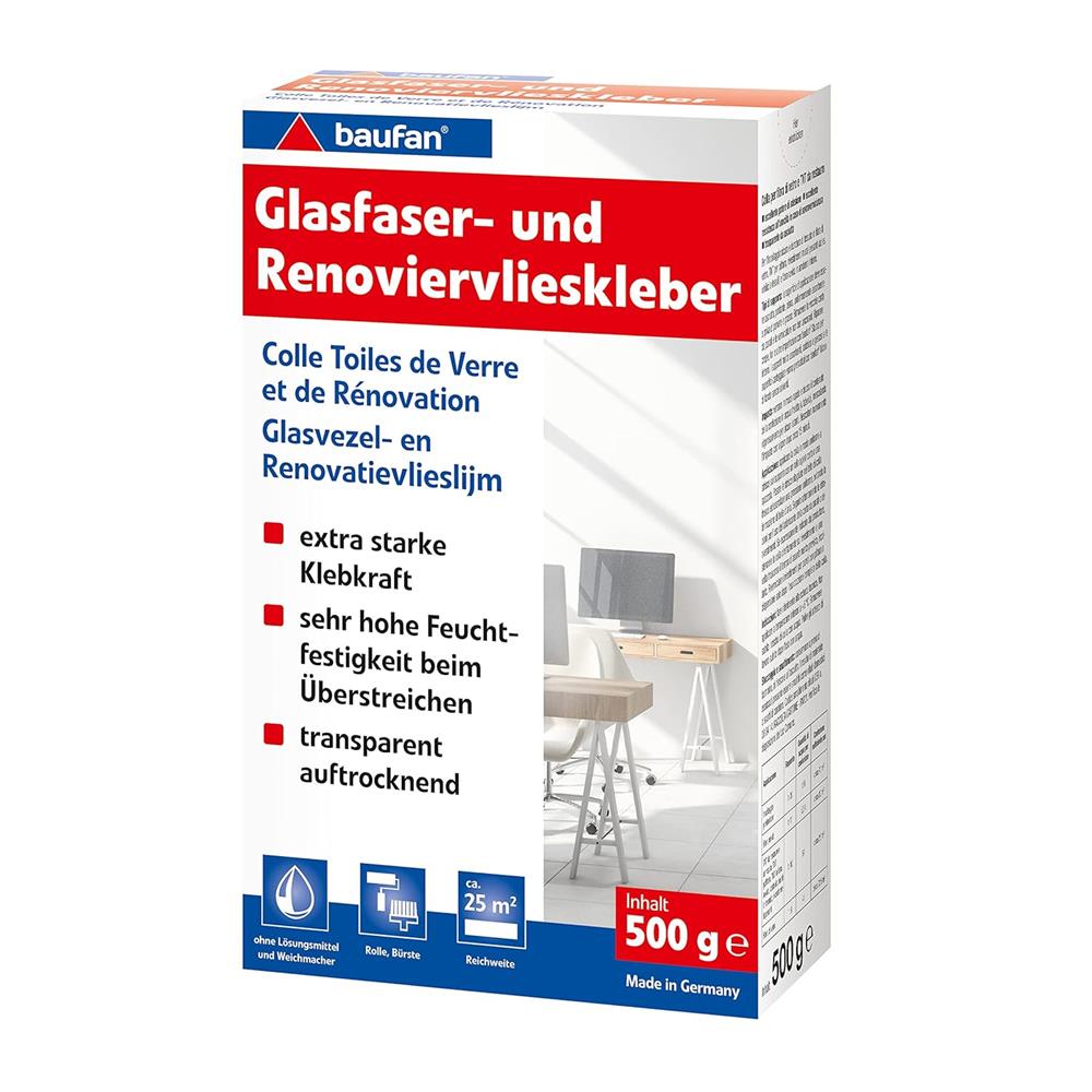 baufan Glasfaser- und Renoviervlieskleber 500 g Kleber für schwere Wandbeläge