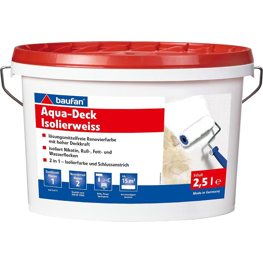 baufan Aqua-Deck Isolierweiss 2,5 L Isolierfarbe isoliert Nikotin Russ & Wasserflecken