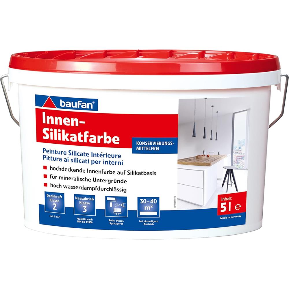 baufan Innen-Silikatfarbe 5 L Wandfarbe Innenfarbe auf Silikatbasis Weiß