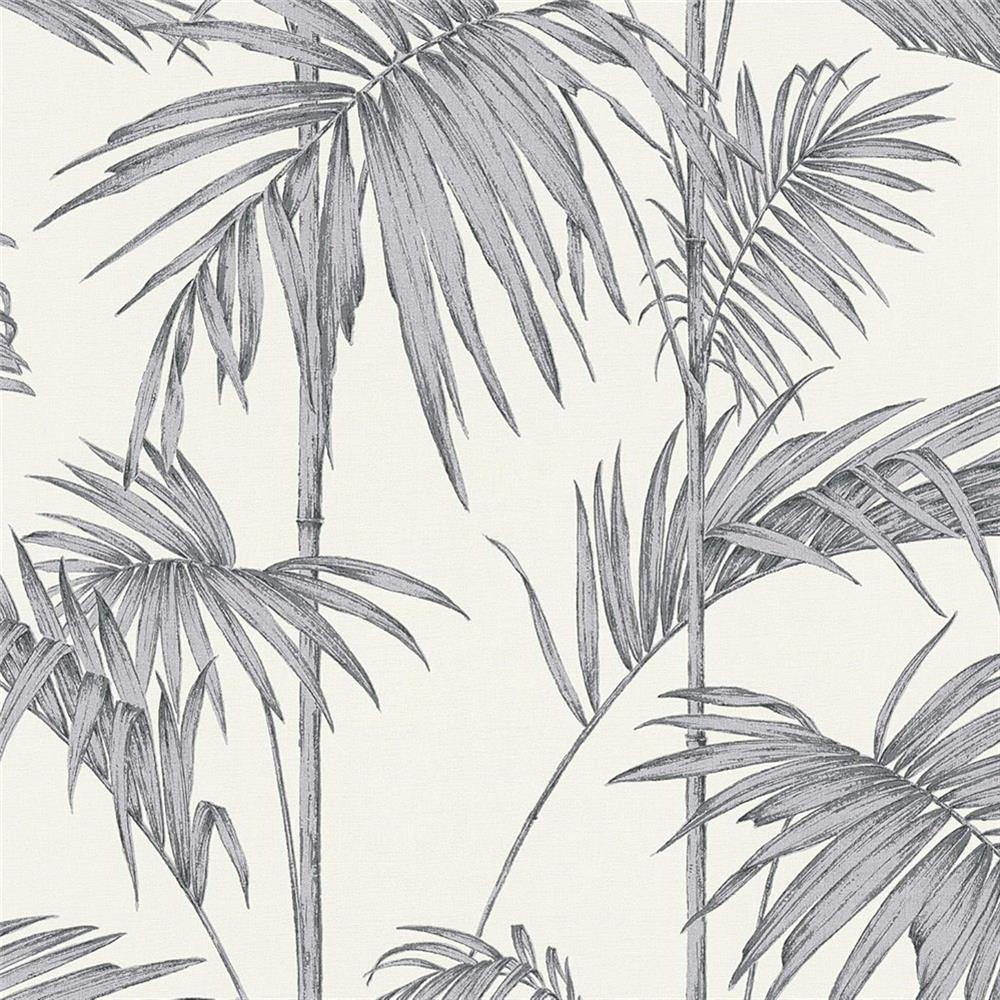 Livingwalls Vliestapete Mustertapete mit Palmenprint in Dschungel-Optik Grau Metallic Weiß