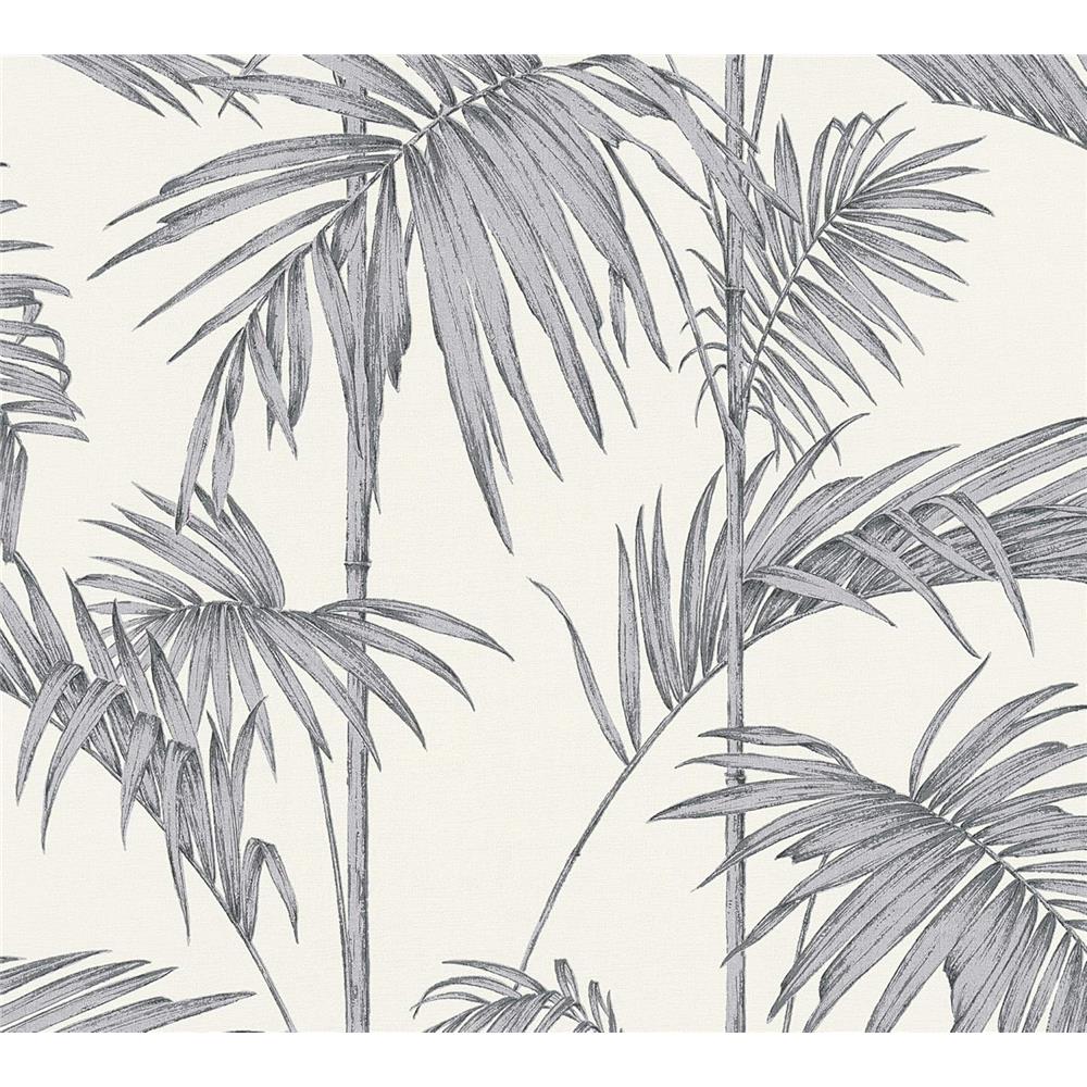 Livingwalls Vliestapete Mustertapete mit Palmenprint in Dschungel-Optik Grau Metallic Weiß