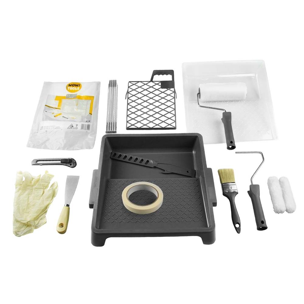 WOW!TOOLS Maler-Kit 15-teilig, Malerset mit Farbwalze, Farbwanne, Pinsel, Handschuhe