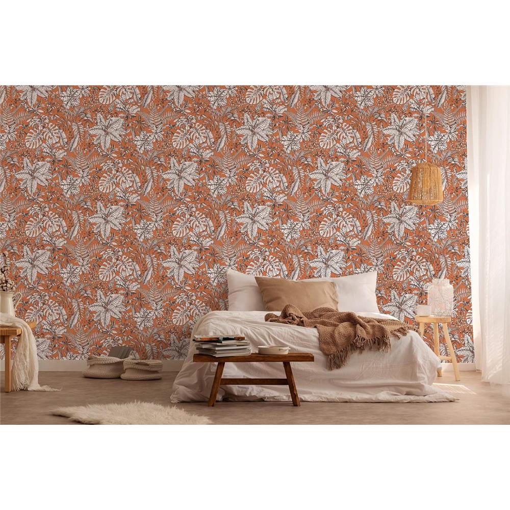 Livingwalls Vliestapete Mustertapete Dschungeltapete Farn Orange Weiß