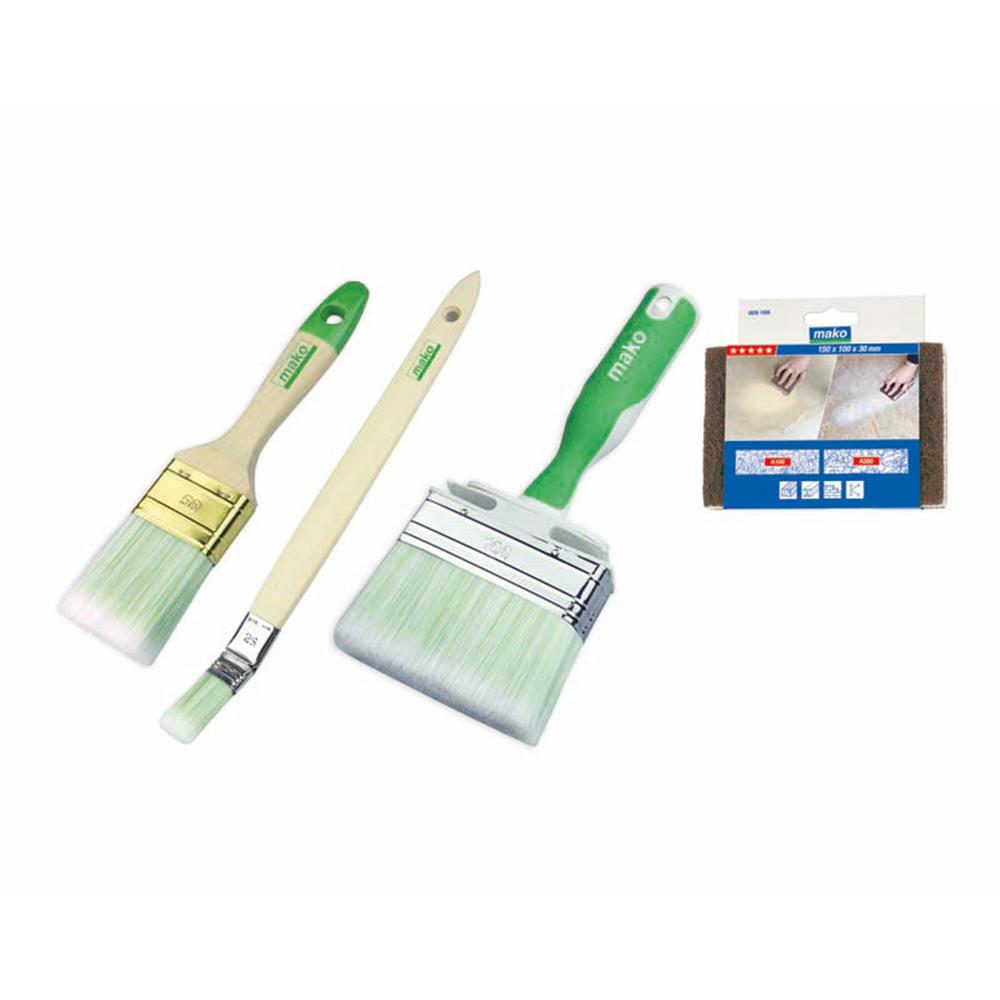 mako Premium Lasurset 4 tlg. Malerset Flächenstreicher Flachpinsel Pinsel Schleifschwamm