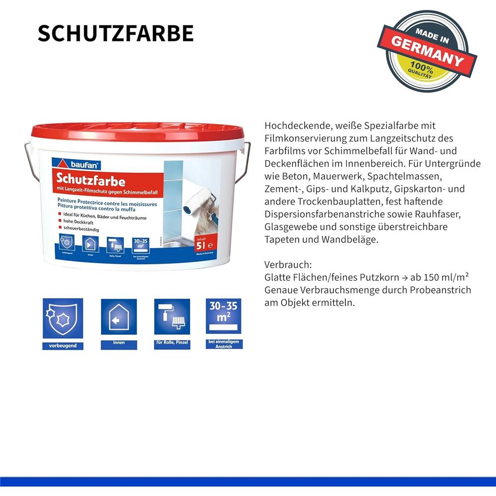 baufan Schutzfarbe 5 L mit Langzeit-Schutzfilm für schimmelgefährdete Oberflächen innen