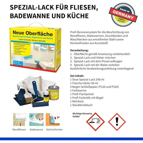 Baufan Neue Oberfläche Speziallack Set Profi-Renoviersystem für Badewannen, Duschbecken & Fliesen