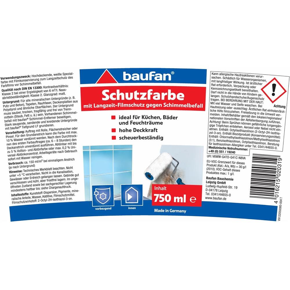 baufan Schutzfarbe 750 ml mit Langzeit-Schutzfilm für schimmelgefährdete Oberflächen innen