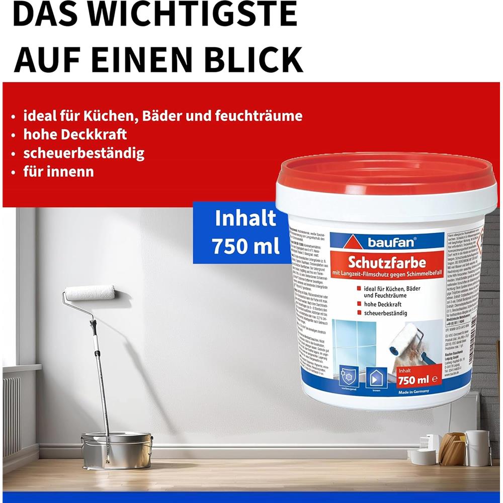 baufan Schutzfarbe 750 ml mit Langzeit-Schutzfilm für schimmelgefährdete Oberflächen innen