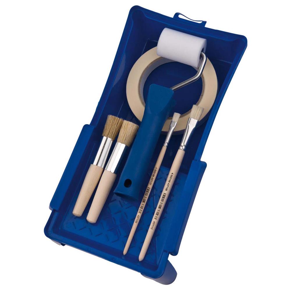 mako Werkzeug-Set 7-teilig, Schablonierwerkzeug mit Pinseln, Roller, Farbwanne, Malerkrepp