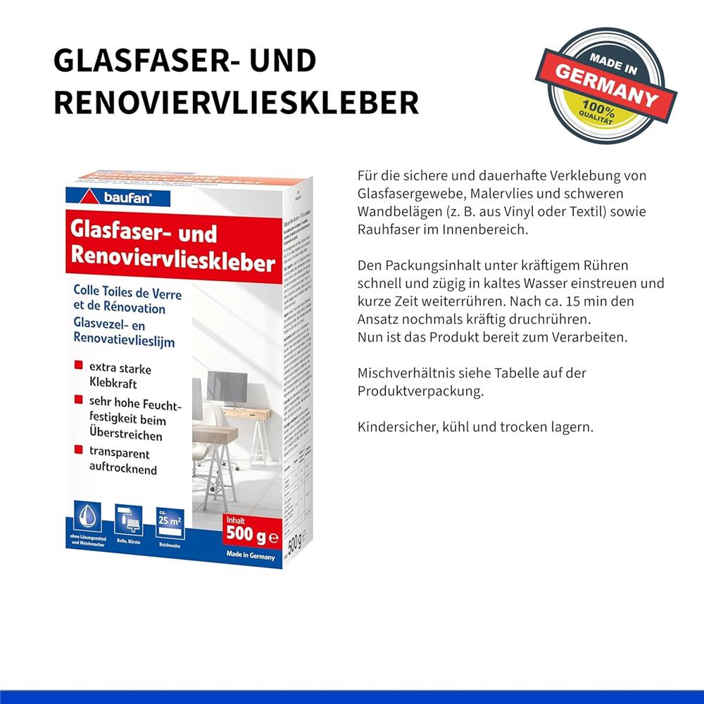 baufan Glasfaser- und Renoviervlieskleber 500 g Kleber für schwere Wandbeläge