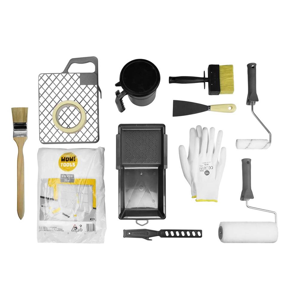 WOW!TOOLS Maler-Kit PAINT2GO 14-teilig, Malerset mit Farbroller, Pinsel, Handschuhe, Farbwanne