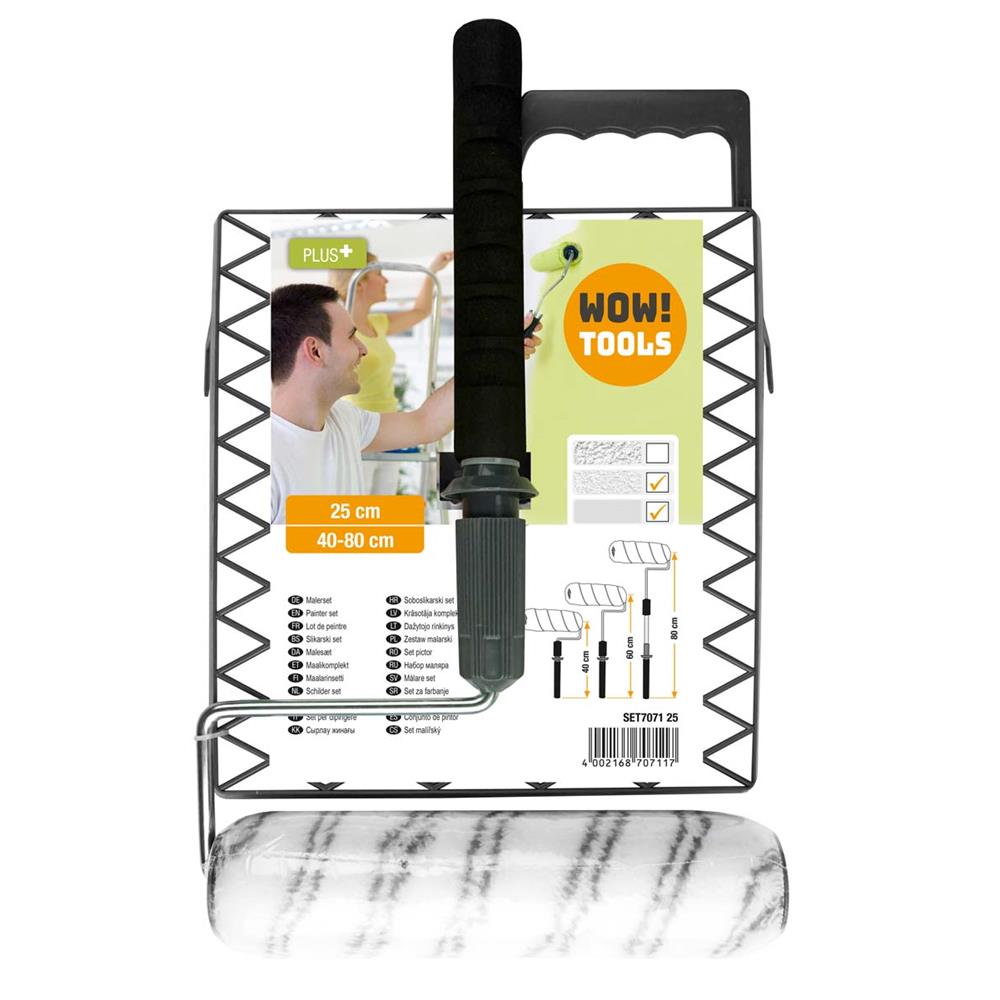 WOW!TOOLS Maler-Set Soft Grip 3-teilig, Renovierset mit Teleskop-Rollerbügel, Malerrolle