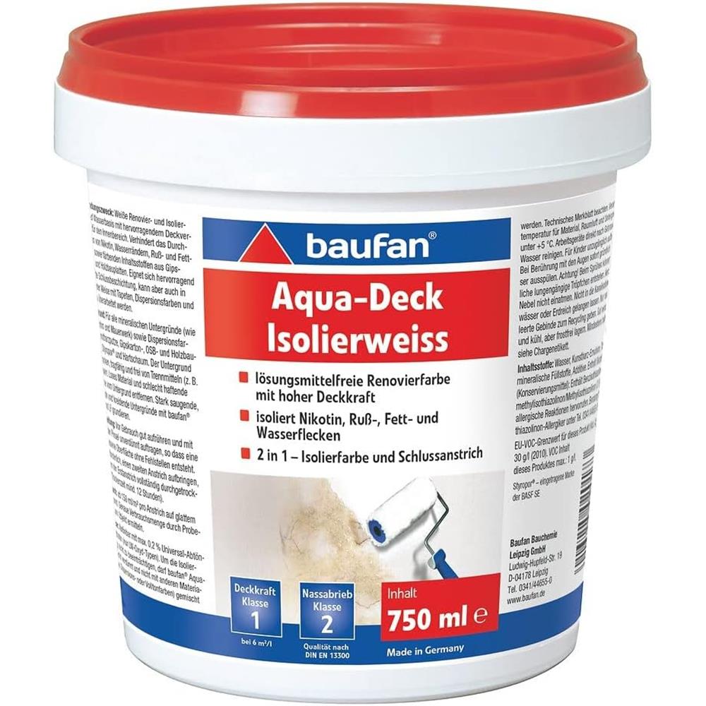 baufan Aqua-Deck Isolierweiss 750ml Isolierfarbe isoliert Nikotin Russ & Wasserflecken