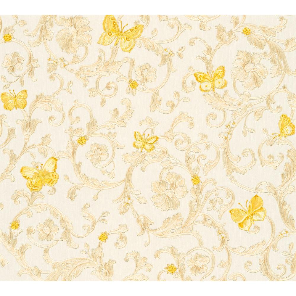 Architects Paper Vliestapete Mustertapete Versace 3 Butterfly Barocco Creme Gelb Metallic