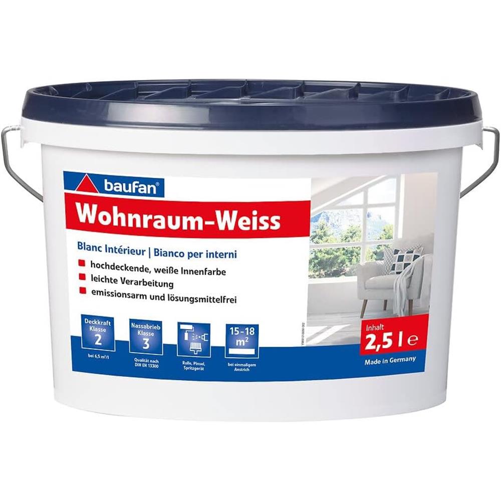 baufan Wohnraum-Weiss 2,5 L Hochdeckende Innenfarbe Matt weiße Wandfarbe