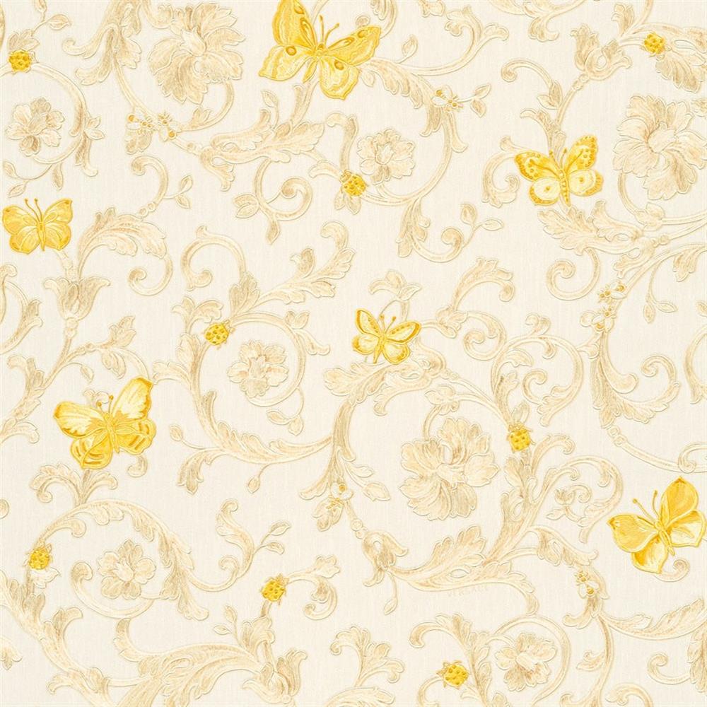 Architects Paper Vliestapete Mustertapete Versace 3 Butterfly Barocco Creme Gelb Metallic