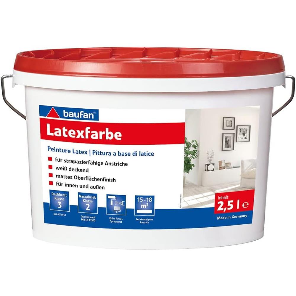 baufan Latexfarbe Reinweiss 2,5 l für Innen und Außen matt Dispersionsfarbe Weiß