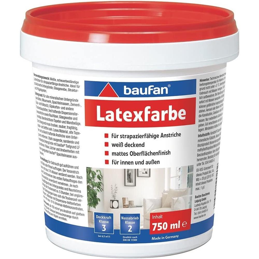 Baufan Latexfarbe für Innen und Außen Reinweiss matt 0,75 l