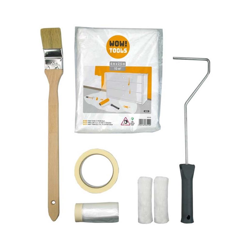 WOW!TOOLS Renovier-Set 7-teilig, Set für Maler- und Renovierarbeiten mit Abdeckfolie, Farbroller