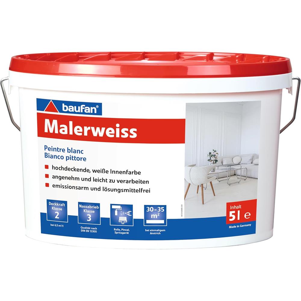 baufan Malerweiss 5 L weiße Wandfarbe Matt Innenfarbe lösungsmittelfrei