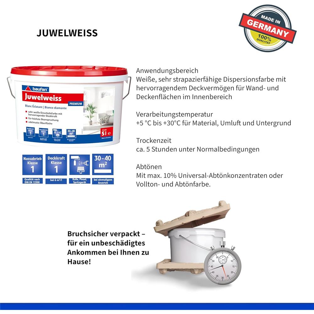 baufan Juwelweiss 5 L Premium weiße Wandfarbe Matt Innenfarbe hochdeckend